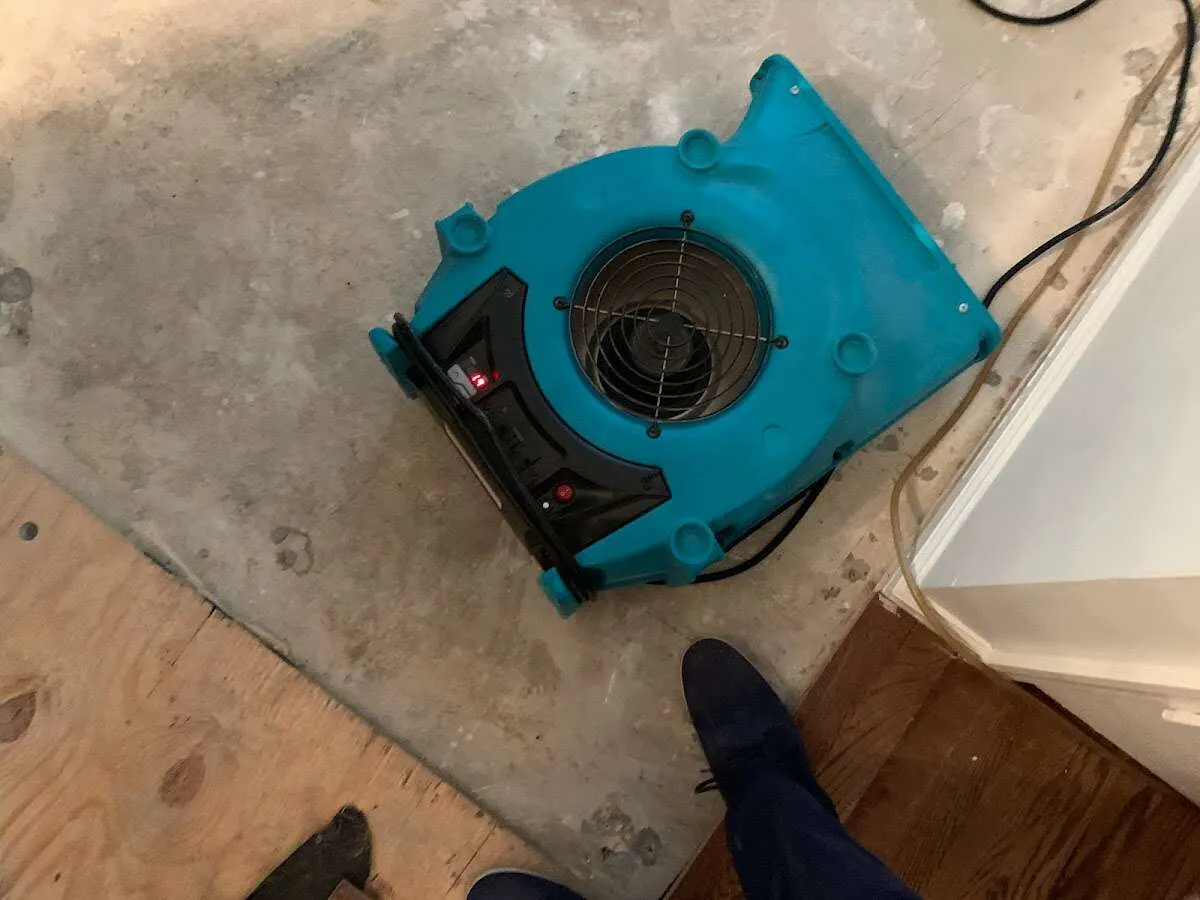 Air mover drying subfloor during Commercial Water Damage Restoration in Rocklin